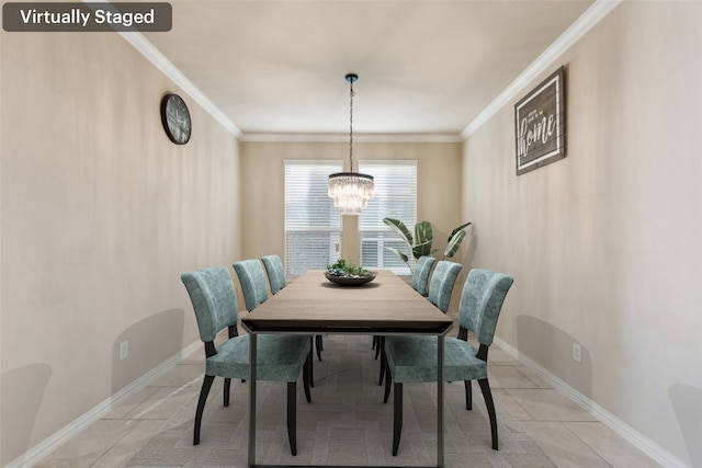 tiled dining space with crown molding and an inviting chandelier