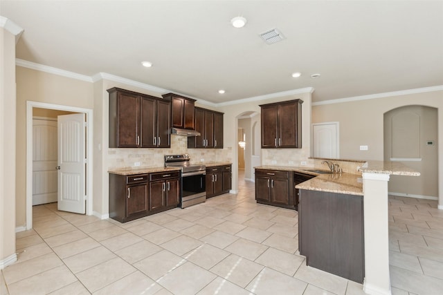 kitchen with sink, dark brown cabinets, stainless steel electric range, kitchen peninsula, and light stone countertops