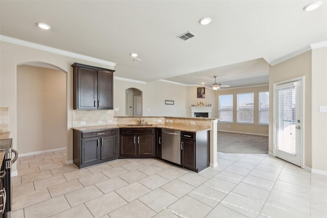 kitchen with dishwasher, sink, crown molding, light stone countertops, and dark brown cabinets