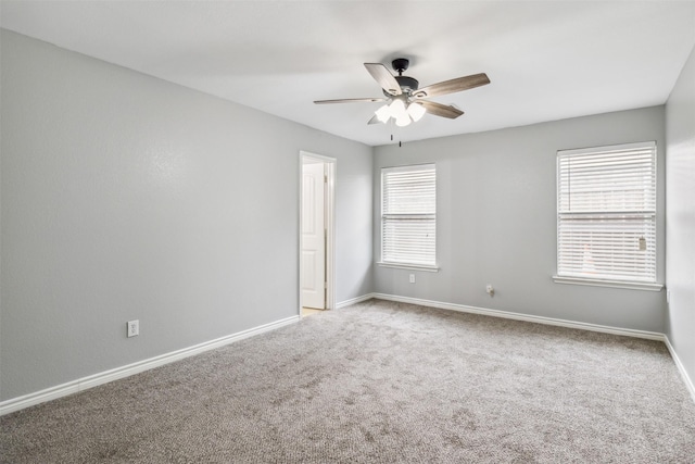 unfurnished room with ceiling fan and carpet