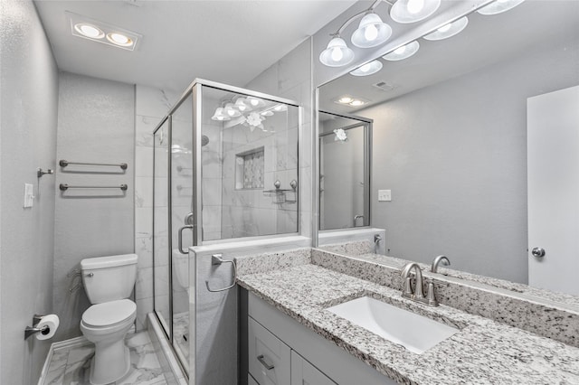 6329 Peggy Dr, Fort Worth, TX 76133 - full bath with visible vents, a shower stall, marble finish floor, toilet, and vanity
