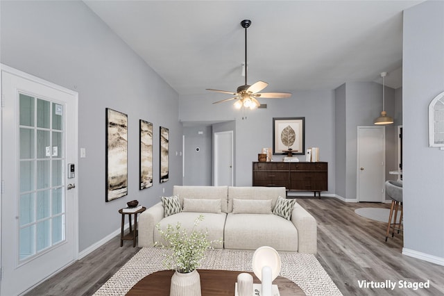 6329 Peggy Dr, Fort Worth, TX 76133 - living room featuring baseboards, wood finished floors, and ceiling fan