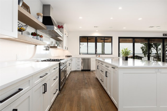 kitchen featuring white cabinetry, dark hardwood / wood-style flooring, dishwasher, a kitchen island, and exhaust hood