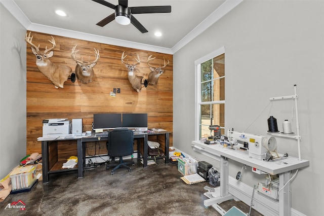 office with ceiling fan, ornamental molding, and wooden walls