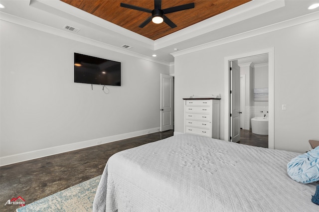 bedroom with ceiling fan, wood ceiling, a raised ceiling, crown molding, and ensuite bath