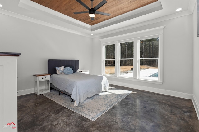 bedroom featuring crown molding, ceiling fan, a raised ceiling, and wooden ceiling