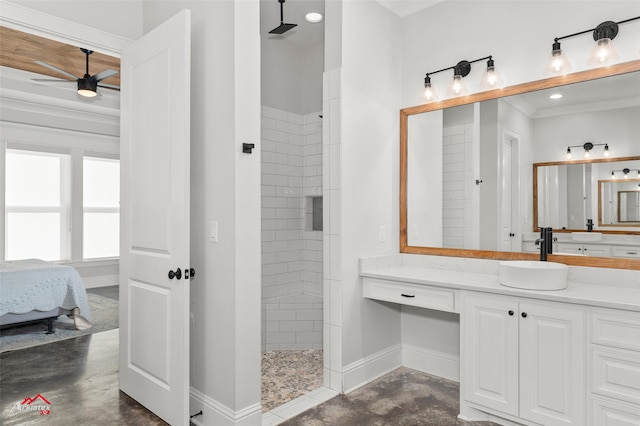 bathroom featuring a tile shower, vanity, concrete floors, and ceiling fan