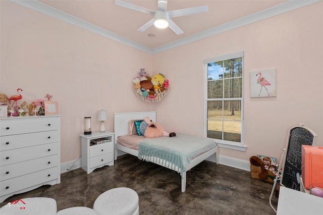 bedroom featuring crown molding and ceiling fan