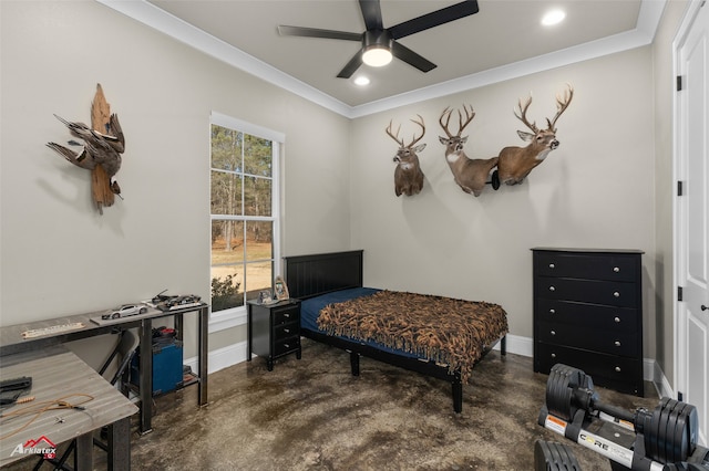 bedroom featuring multiple windows, ornamental molding, and ceiling fan