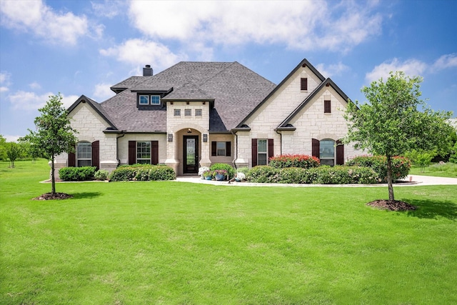 french country inspired facade featuring a front lawn