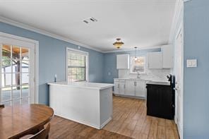 kitchen with crown molding, hanging light fixtures, hardwood / wood-style flooring, and white cabinets