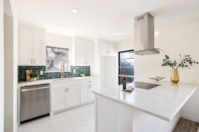 kitchen with white cabinetry, island range hood, black electric cooktop, stainless steel dishwasher, and kitchen peninsula