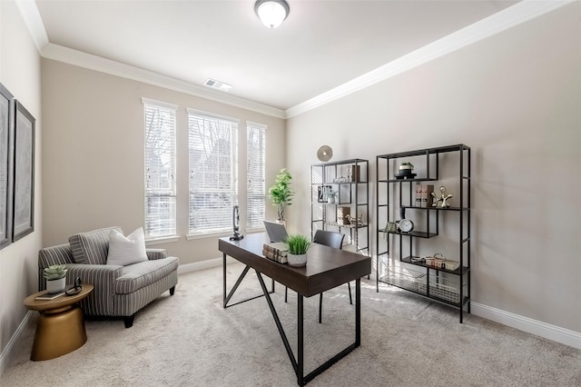 carpeted office space featuring crown molding