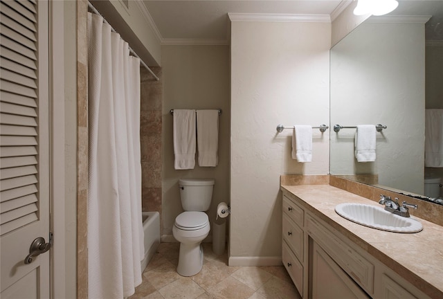 full bathroom with shower / tub combo with curtain, tile patterned flooring, ornamental molding, vanity, and toilet