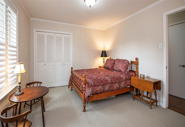 carpeted bedroom featuring ornamental molding and a closet