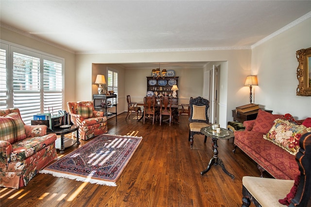 living room featuring dark wood-type flooring and ornamental molding