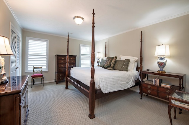 carpeted bedroom with multiple windows and crown molding