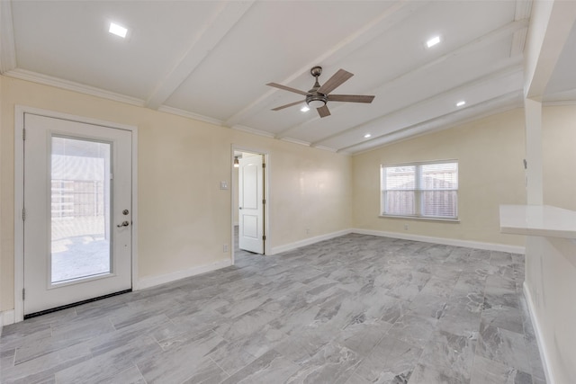 unfurnished room featuring ceiling fan and lofted ceiling with beams