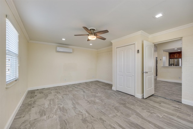 empty room featuring crown molding, a wall mounted AC, and ceiling fan