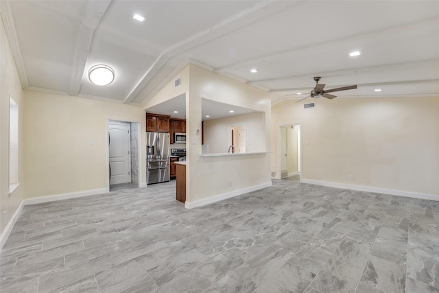 unfurnished living room with crown molding, lofted ceiling with beams, and ceiling fan