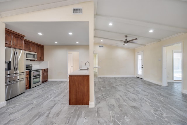 kitchen featuring lofted ceiling, sink, appliances with stainless steel finishes, ornamental molding, and ceiling fan