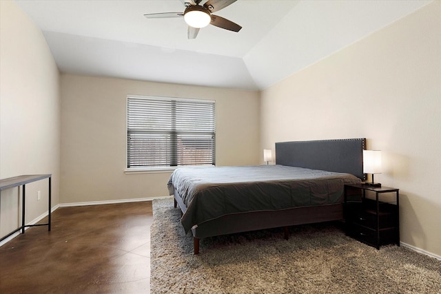 bedroom featuring lofted ceiling and ceiling fan