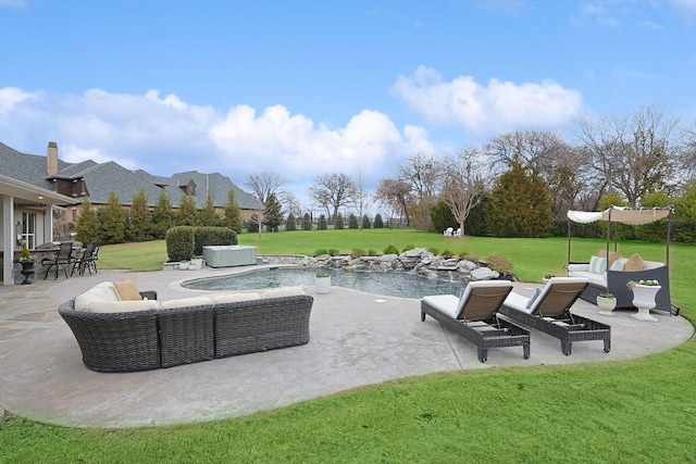 view of patio with pool water feature, outdoor lounge area, and a pool with hot tub