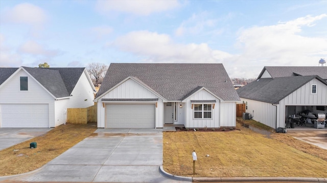 modern farmhouse with a garage and central AC