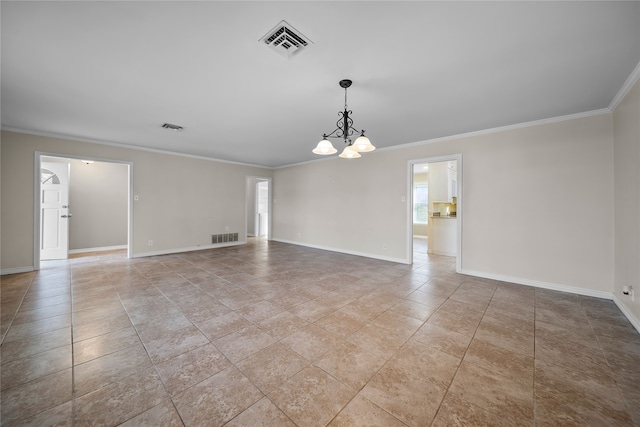 unfurnished room with crown molding, light tile patterned floors, and an inviting chandelier