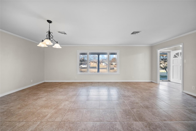 tiled empty room with ornamental molding, a healthy amount of sunlight, and an inviting chandelier