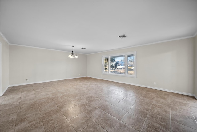 empty room with crown molding, light tile patterned flooring, and a chandelier