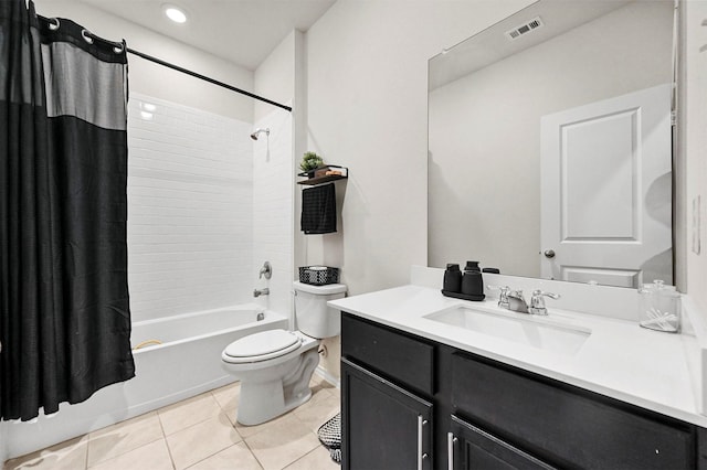 full bathroom with shower / bathtub combination with curtain, vanity, tile patterned floors, and toilet