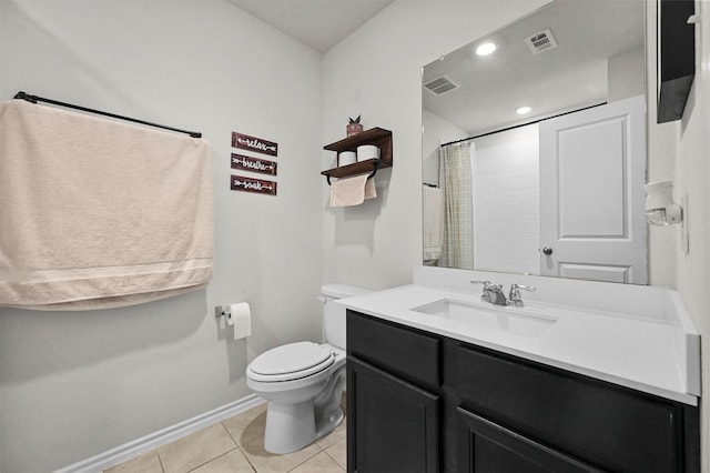 bathroom with walk in shower, tile patterned floors, toilet, and vanity