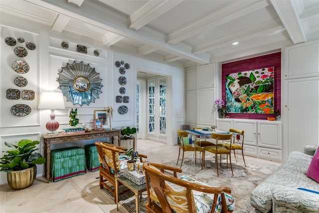 interior space featuring beamed ceiling, coffered ceiling, and crown molding