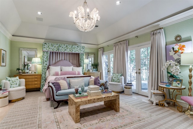 bedroom featuring french doors, vaulted ceiling, a tray ceiling, a notable chandelier, and access to exterior