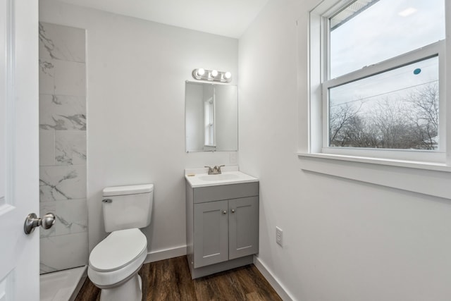 bathroom with vanity, wood-type flooring, and toilet