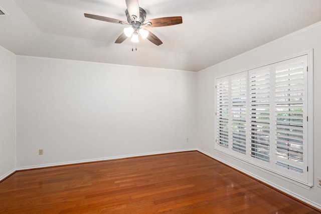 unfurnished room with ceiling fan, ornamental molding, and hardwood / wood-style floors