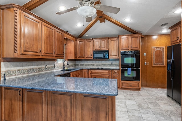 kitchen with sink, kitchen peninsula, vaulted ceiling with beams, and black appliances