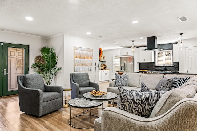 living room with ornamental molding, sink, a textured ceiling, and light wood-type flooring