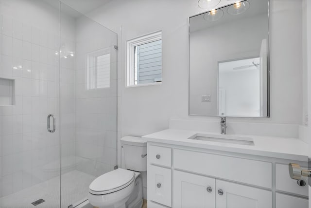 bathroom featuring vanity, an enclosed shower, and toilet