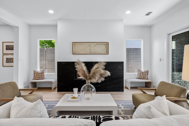 living room with light hardwood / wood-style floors