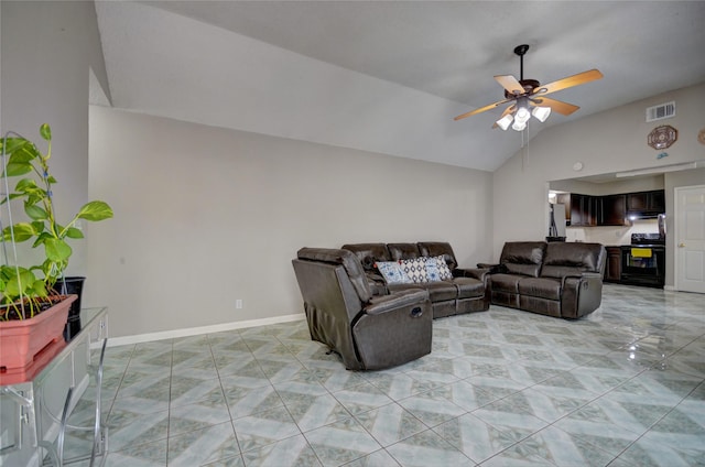 living room with lofted ceiling and ceiling fan