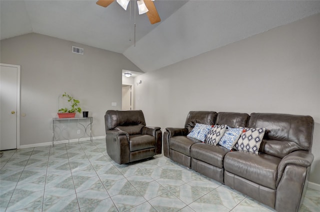 living room featuring lofted ceiling and ceiling fan