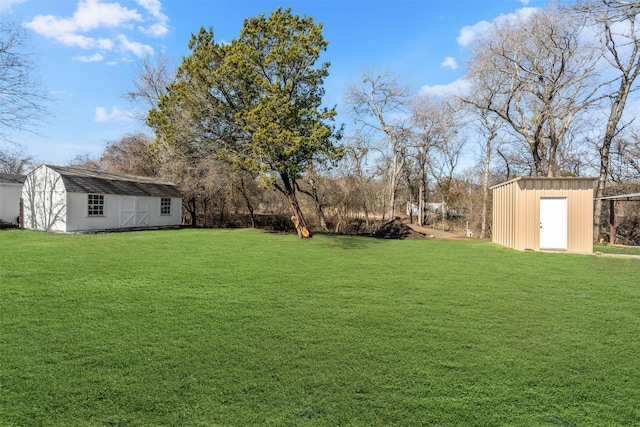 view of yard featuring a storage unit