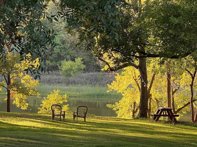 view of property's community featuring a lawn and a water view