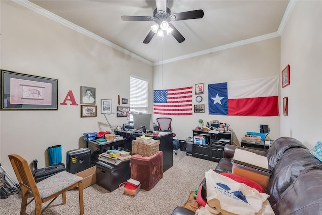 carpeted office with crown molding and ceiling fan