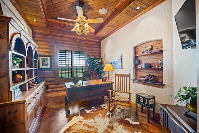 home office featuring ceiling fan, wood ceiling, and log walls