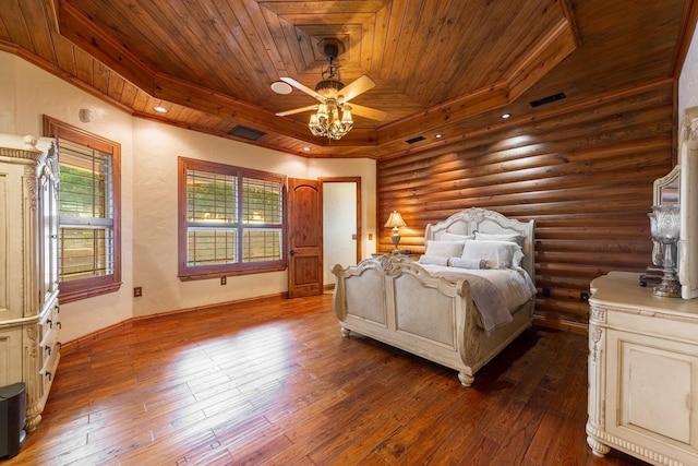 bedroom featuring a raised ceiling, dark hardwood / wood-style floors, and wooden ceiling