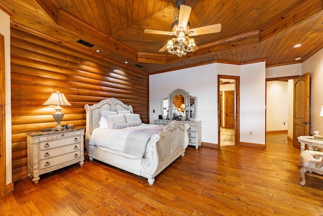 bedroom featuring rustic walls, light wood-type flooring, wooden ceiling, ornamental molding, and ceiling fan