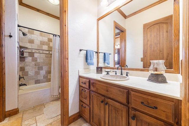 bathroom featuring vanity, crown molding, and shower / bath combo with shower curtain